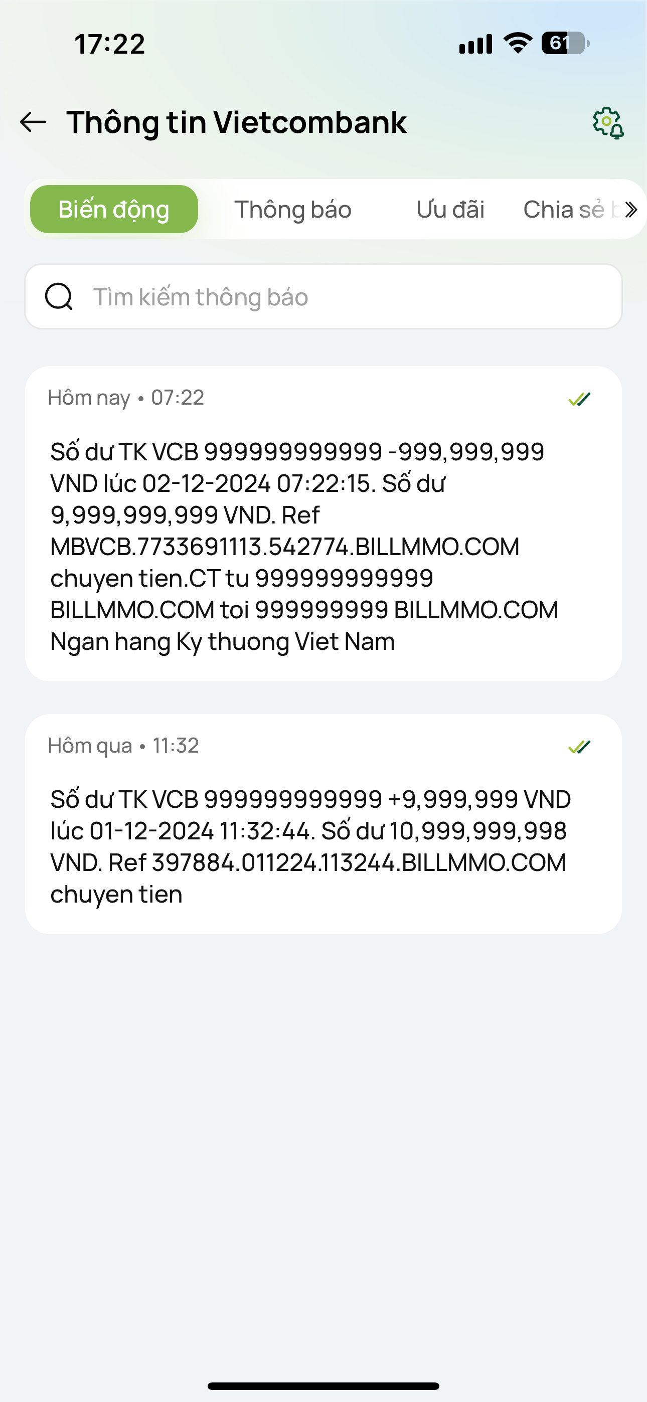 Mẫu bill biến động số dư giả